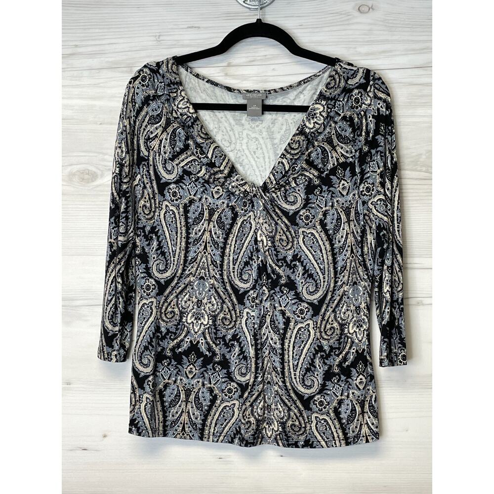 Ann Taylor Petites Paisley Floral V Neck 3/4 Sleeve Stretch Blouse Top LP 3188